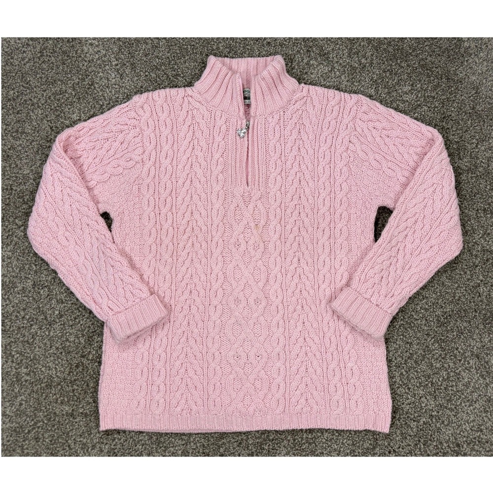 Aran Crafts Quarter Zip Fisherman Sweater Women L Pink Wool Cable Knit Ireland